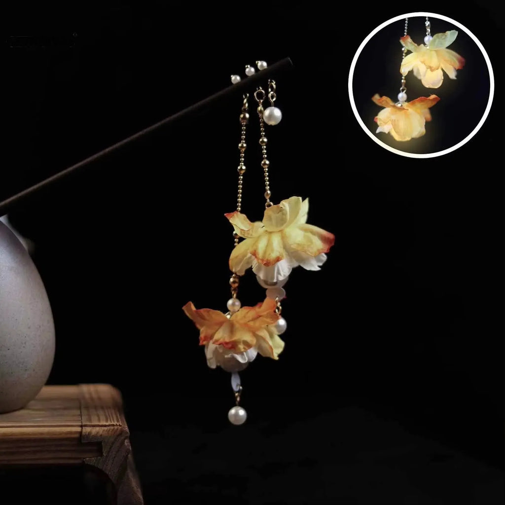 Antique Luminous Hair Sticks Wooden Hairpins Chinese Hanfu Hair Accessories Fluorescent Lamp Balls Fairy Headdress Headwear
