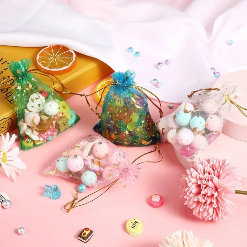 50pcs Mixed Color Moon Star Organza Bags Jewelry Candy Pouch Drawstring For Small Businesses Party Favors Packaging Supplies