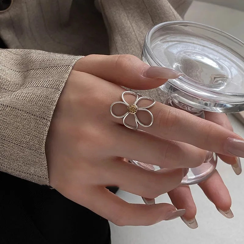 VENTFILLE 925 Sterling Silve Flower Ring for Women Gift Hollow Out Design Retro Hip Hop Versatile Jewelry Party Gift Dropship