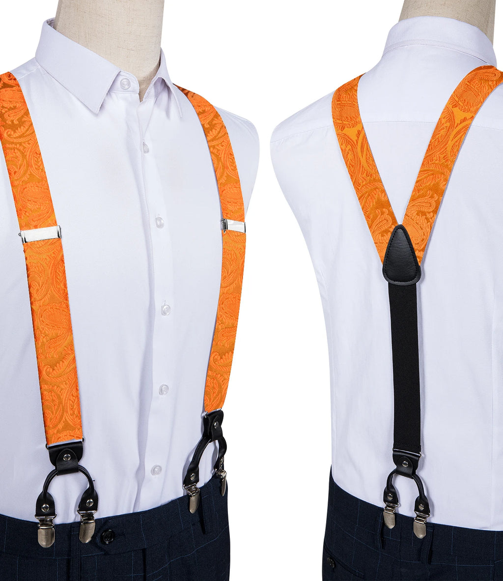 Fashion Men's Adjustable Suspenders Orange Paisley Pre-tied Bowtie Pocket Square Cufflinks Set for Wedding Party Business