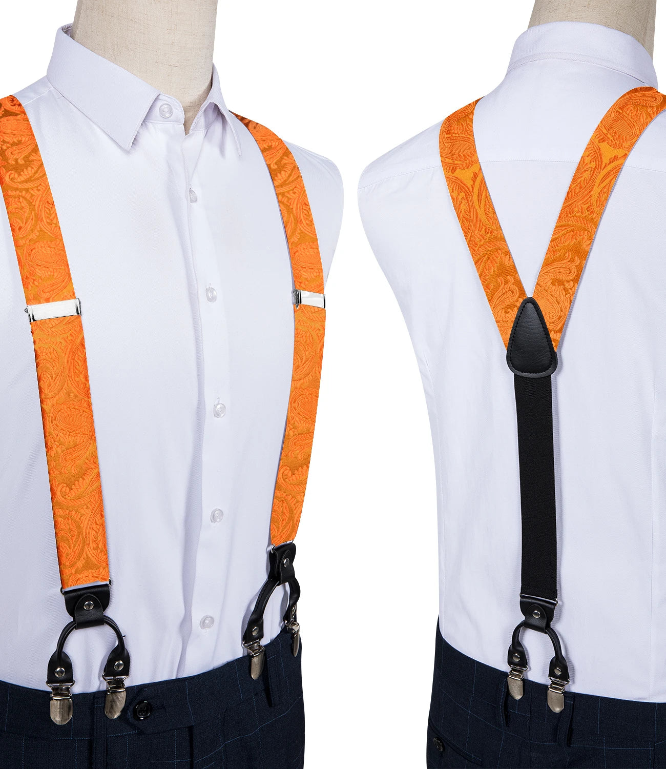Fashion Men's Adjustable Suspenders Orange Paisley Pre-tied Bowtie Pocket Square Cufflinks Set for Wedding Party Business