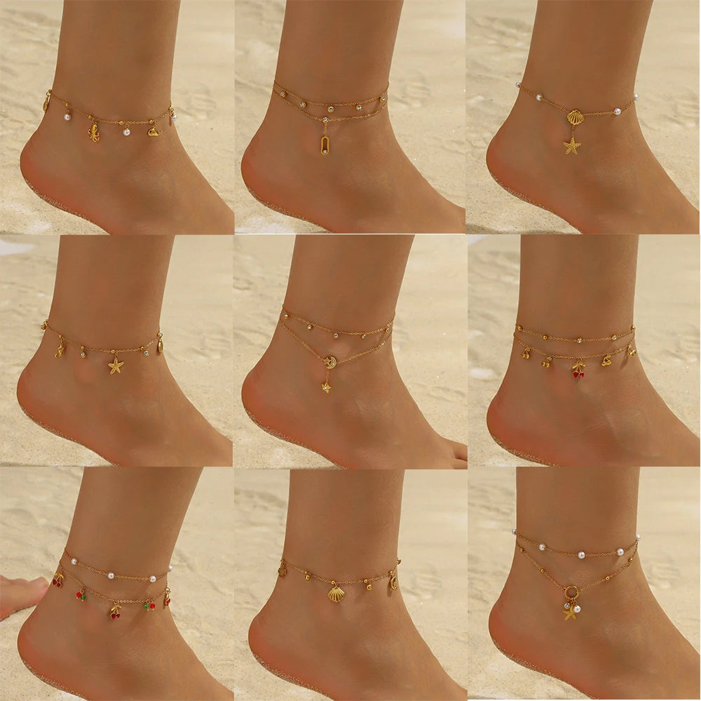 DIEYURO 316L Stainless Steel Golden Ocean Series Zircon Pearl Tassel Pendant Anklets Lady New Waterproof Foot Chain Jewelry Gift