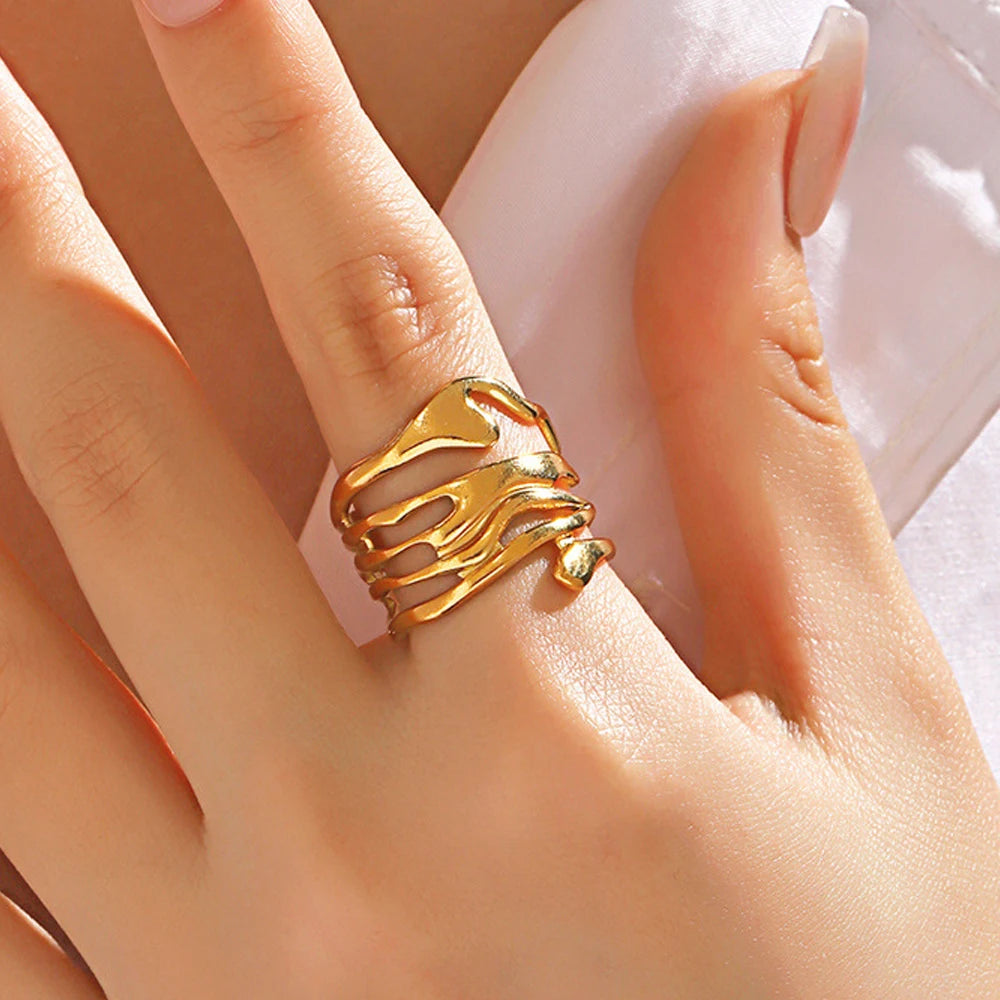LATS Stainless Steel Lava Irregular Hollow  Ring for Women Metal Texture Waterproof Daily Simple Stylish Golden Rings Jewelry
