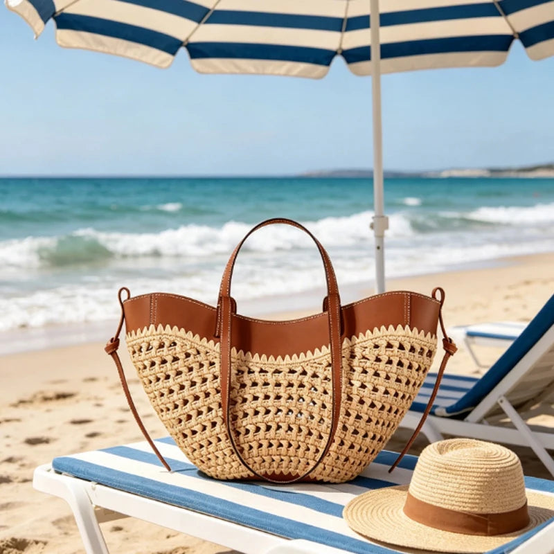 2026 Summer Hollow-out Raffia and Pu Leather Everyday Bag Lightweight Handcrafted Large Straw Tote Bag for Women Beach Bags