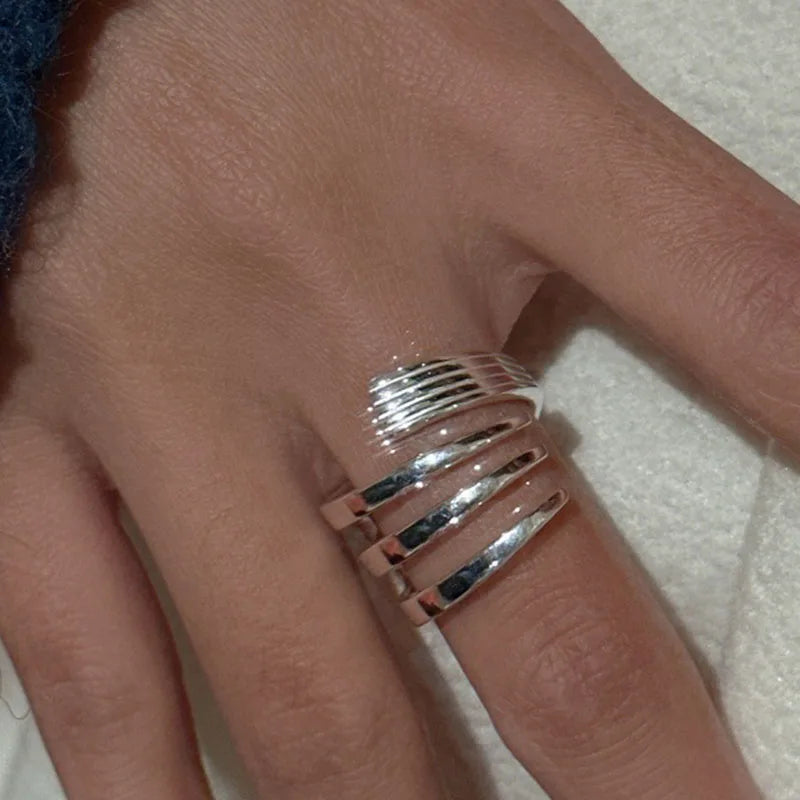 PANJBJ 925 Sterling Silver Hollow Out Rings For Women Three Layered Cross Punk Irregular Vintage Jewelry Gift Dropshipping