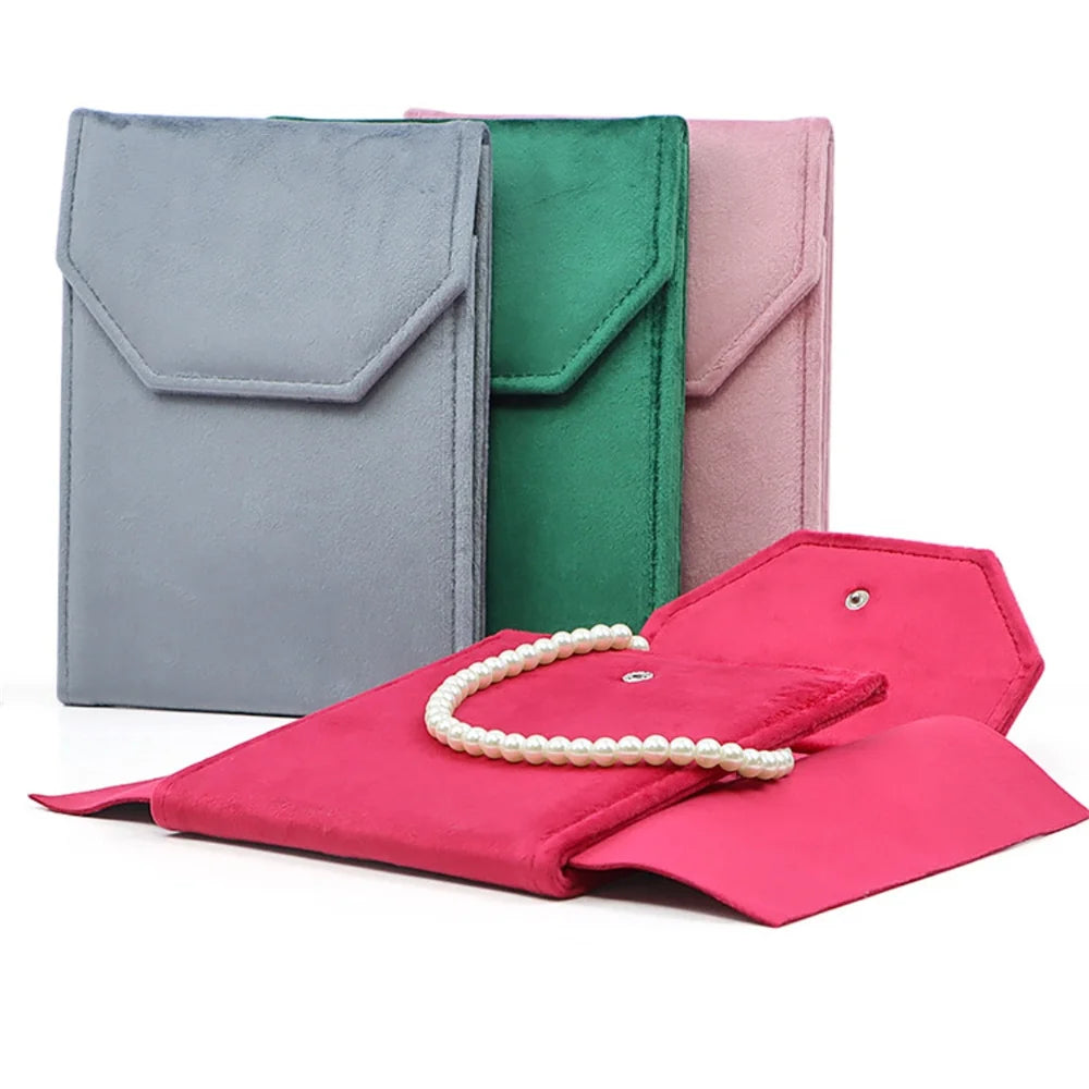 Velvet Jewelry Organizer Pouch Pearl Necklace Bag Portable Earring Ring Storage Bag Foldable Snap Button High-end Packaging Box