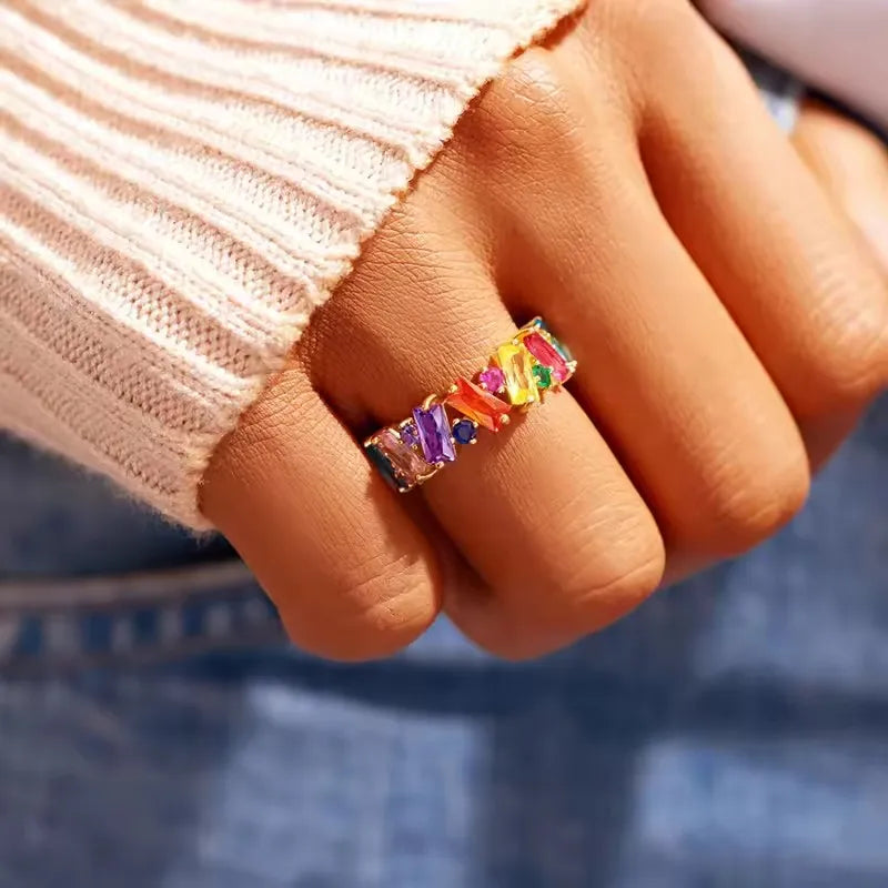 New Irregualr Design Colorful CZ Women Rings Gold Color/Silver Color Geometric CZ Rainbow Rings Luxury Trendy Exquisite Jewelry