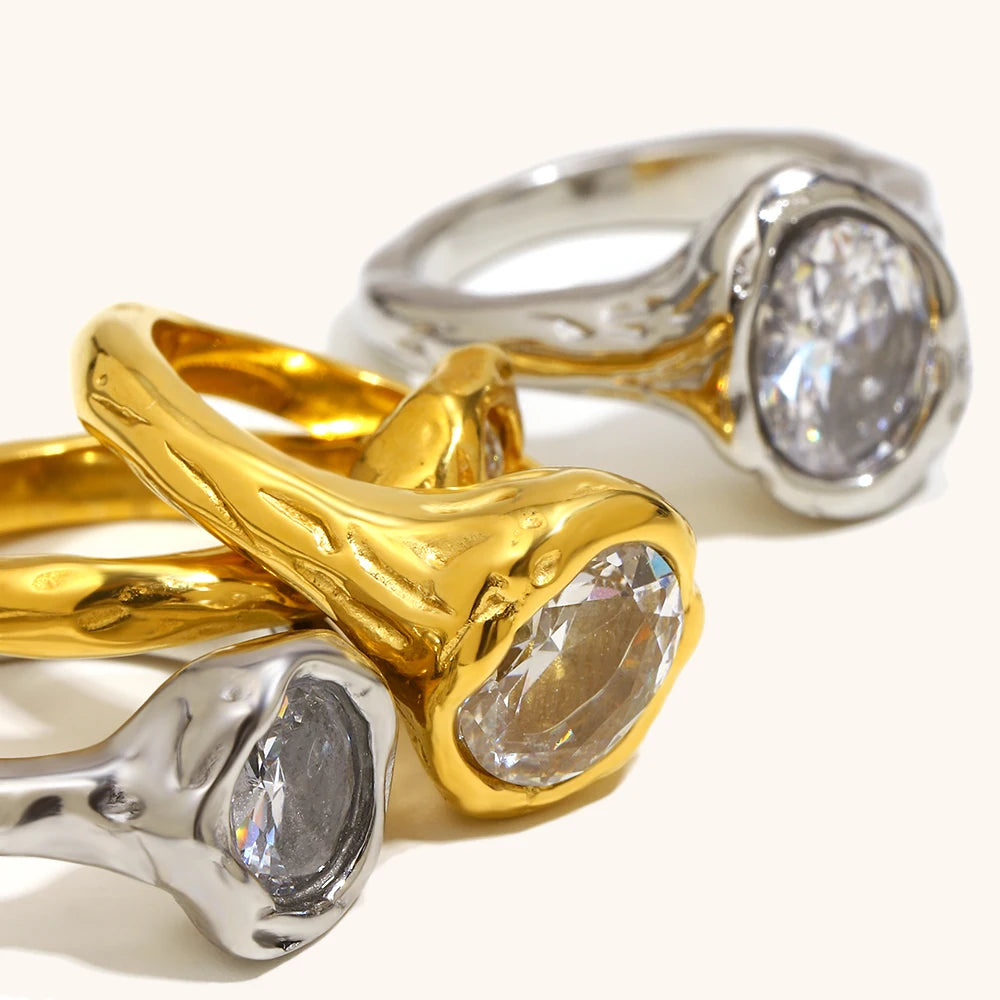 La. Muses Luxury Shiny Round Zircon Irregular Stainless Steel Women's Ring PVD Gold Plated Fashion Jewelry Accessories