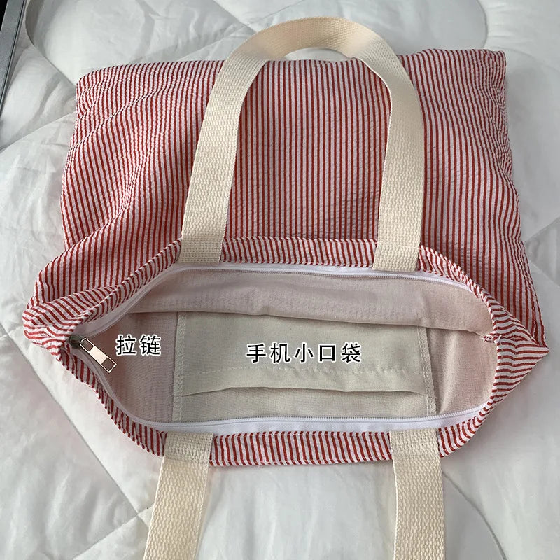 Stripe Contrast Color Women's Canvas Shoulder Bag Large Capacity CollegeBook Tote Zipper Handbags Simple Commuter Shopping Bag