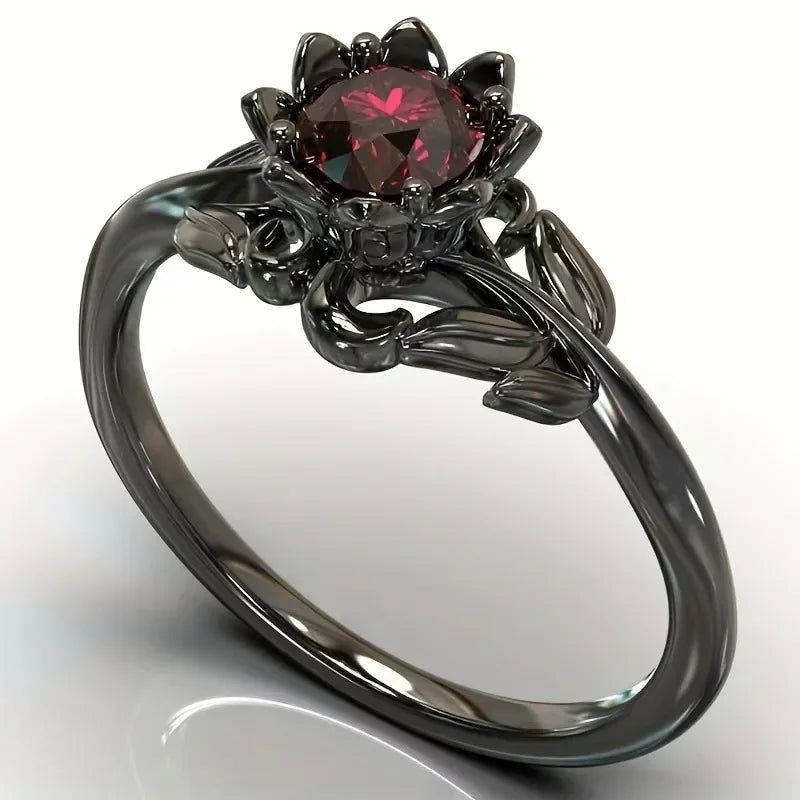 Charm Black Color Flower Round Rings for Women Red Stone Rings Jewelry Party Gift