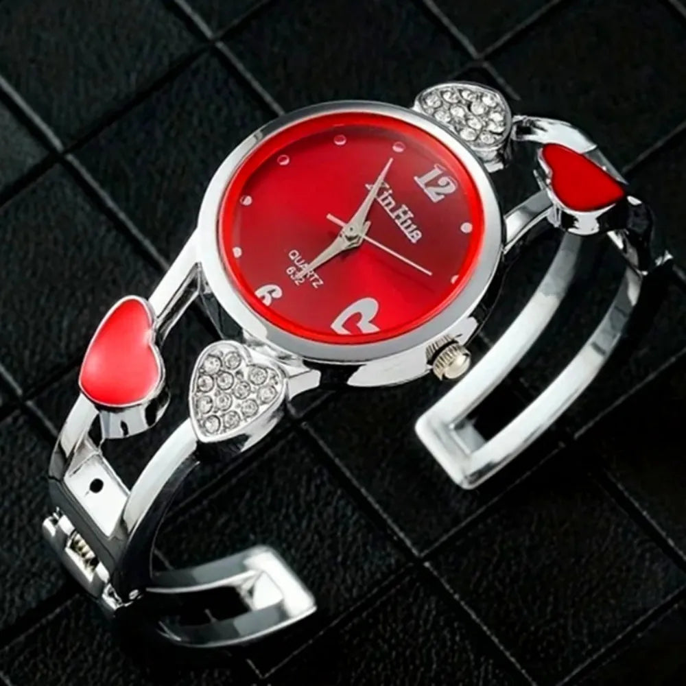 Xinhua Fashion Women Stainless Steel Bracelet Watch Bangle Lover Heart Shape Wristwatches Female Best Gift Clock Relogios
