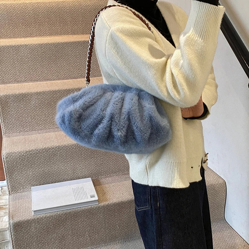 MOODS Pleated Design Faux Fur Shoulder Bags For Women 2024 Luxury Designer Purses And Handbags Winter Warm Soft Plush Hobo Bags