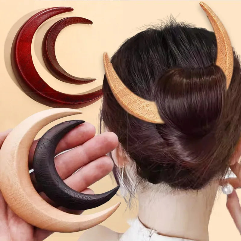 Handmade Wooden Moon Hairpin Crescent Shaped Handcarved Hair Fork Elegant Premium Feel Upper Chord Moon Sandalwood Hair Clip