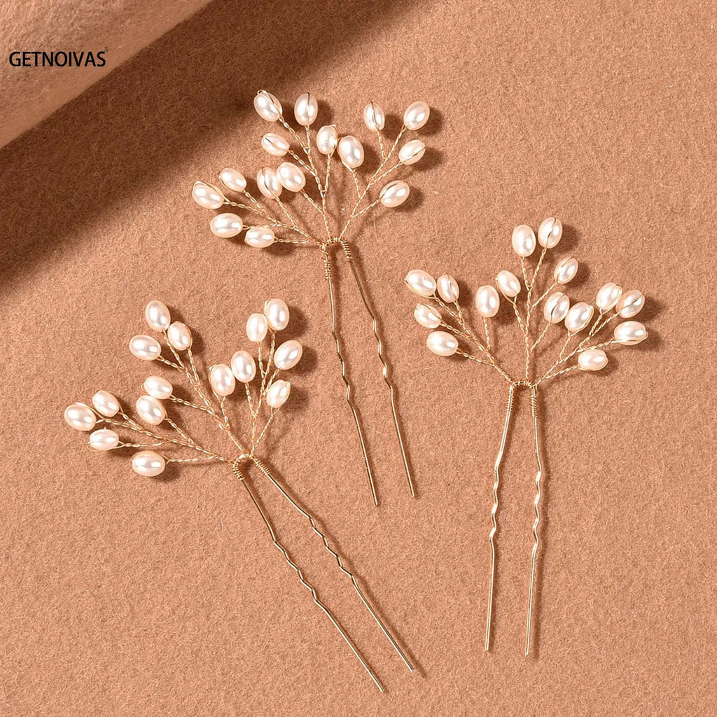 3 Pcs Pearl Hairpins Bridal Headpiece Handmade Silver/Gold Color Wedding Hair Pins Party Hair Accessories for Women and Girls