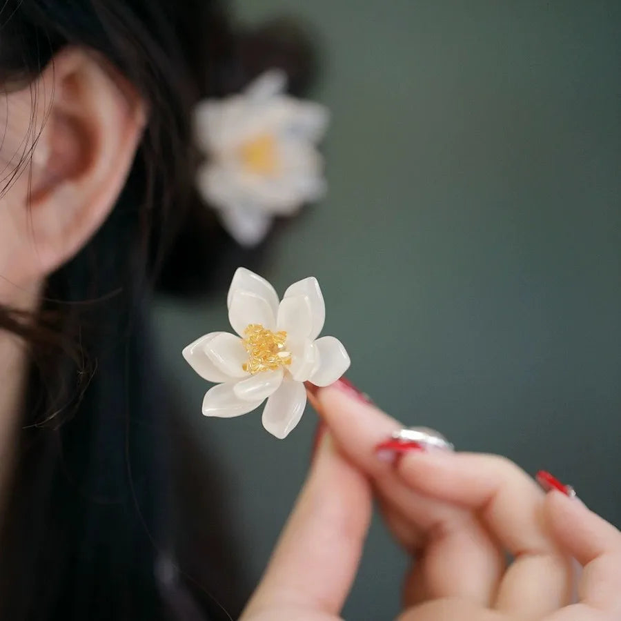 2pcs Vintage Hairpin Glazed Flower Tiara Chinese Hanfu Hair Accessories Lotus Shaped U-shaped Hair Clip Forks Retro Hair Jewelry
