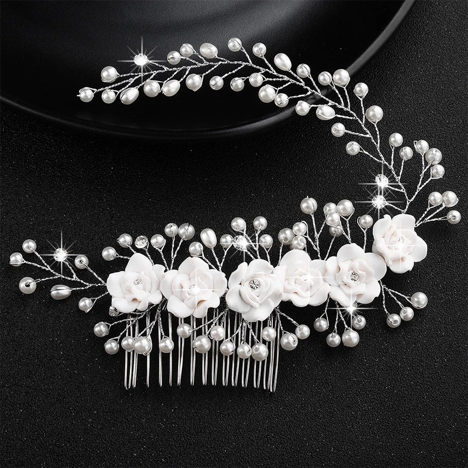 Bridal Hair Comb Pearl Tiaras for Women Wedding Hair Accessories Fashion Flower Hairpin Girl Lady Hairband Marriage Hair Jewelry