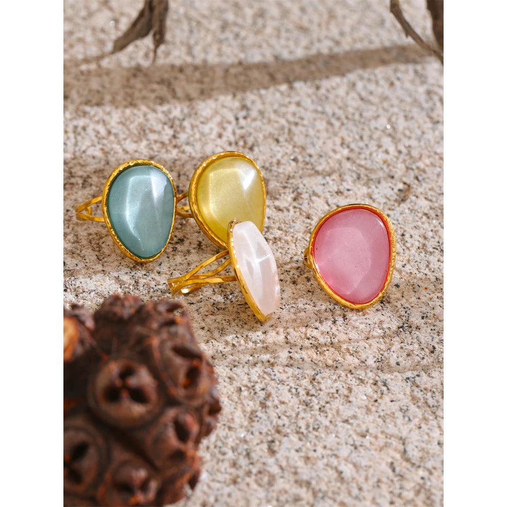 Yhpup Exquisite Candy Multi-Color White Pink Blue Yellow Resin Adjustable Ring Gold Color Stainless Steel Summer Jewelry Gift