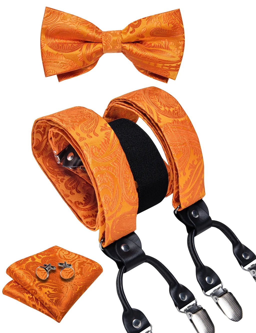 Fashion Men's Adjustable Suspenders Orange Paisley Pre-tied Bowtie Pocket Square Cufflinks Set for Wedding Party Business
