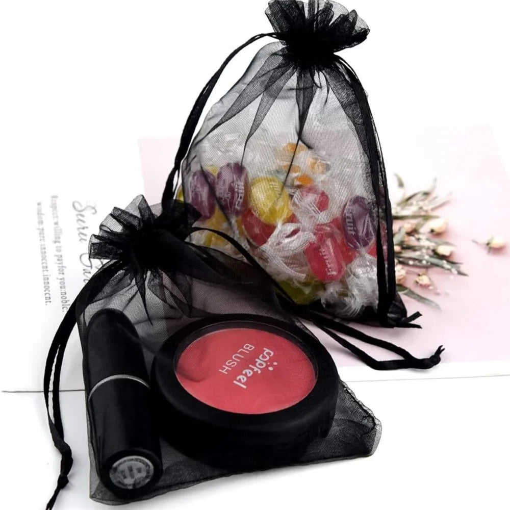 50Pcs 5x7 7x9 9x12cm Black Sheer Organza Drawstring Gift Bags For Wedding Birthday Party Favor Pouches Jewelry Display Packaging