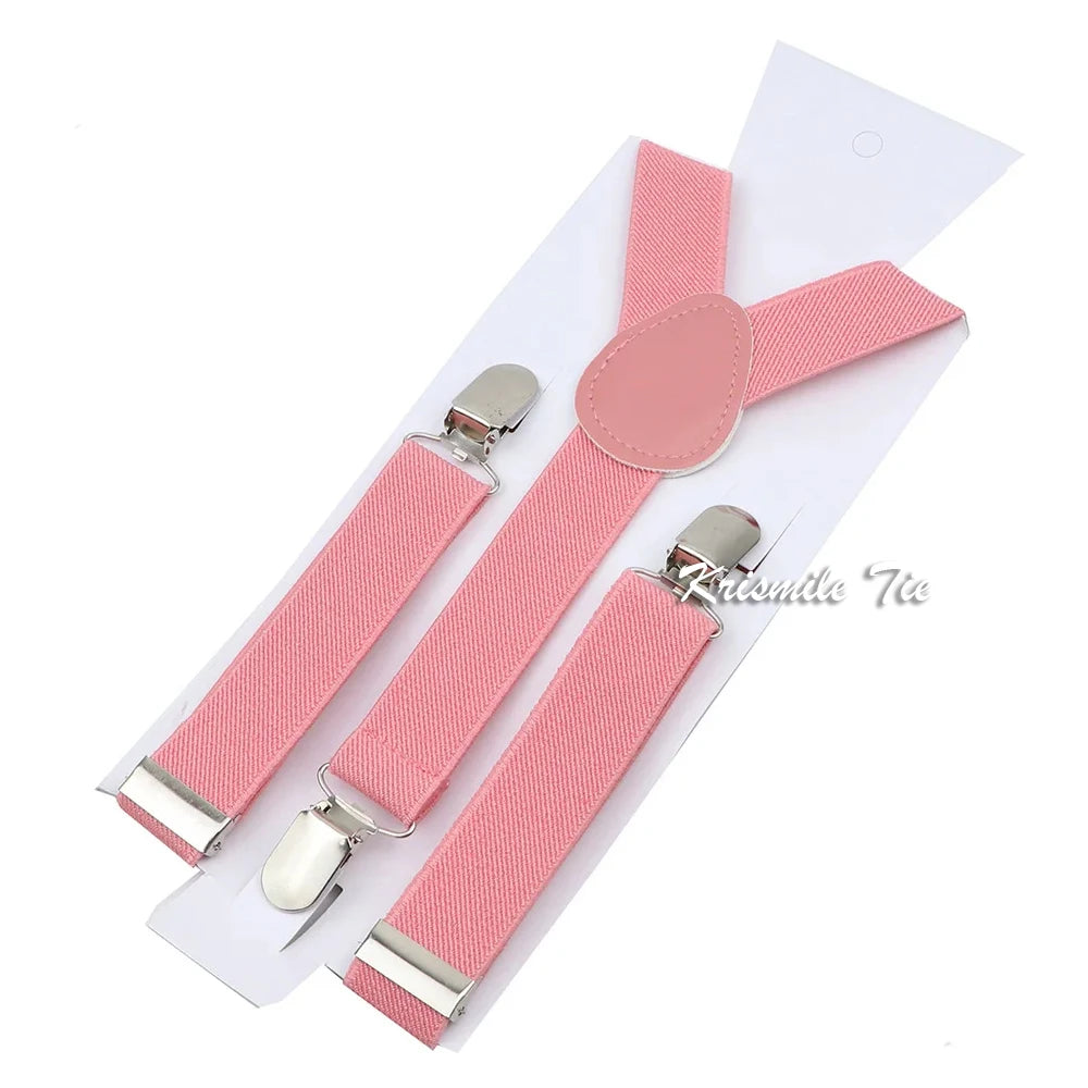 Fashion Men Kids Pink Suspender Bowtie Sets Elastic Romantic Solid Color Y-back Straps Butterfly Father Son Shirt Accessories