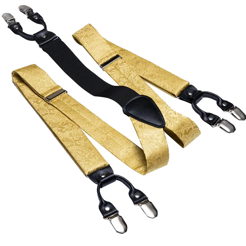 Hi-Tie Adult Men's Suspender Set Leather 6 Clips Braces Vintage Fashion Gold Floral Wedding Suspenders and Bowtie Set