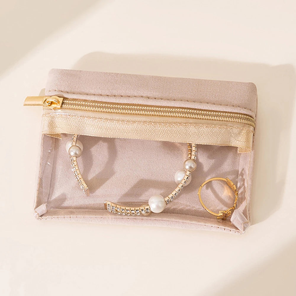 Portable Jewelry Storage Bag Earrings Necklace Velvet Zipper Pouch Travel Watch Ring Organizer Clear Water-Proof Dustproof Bag