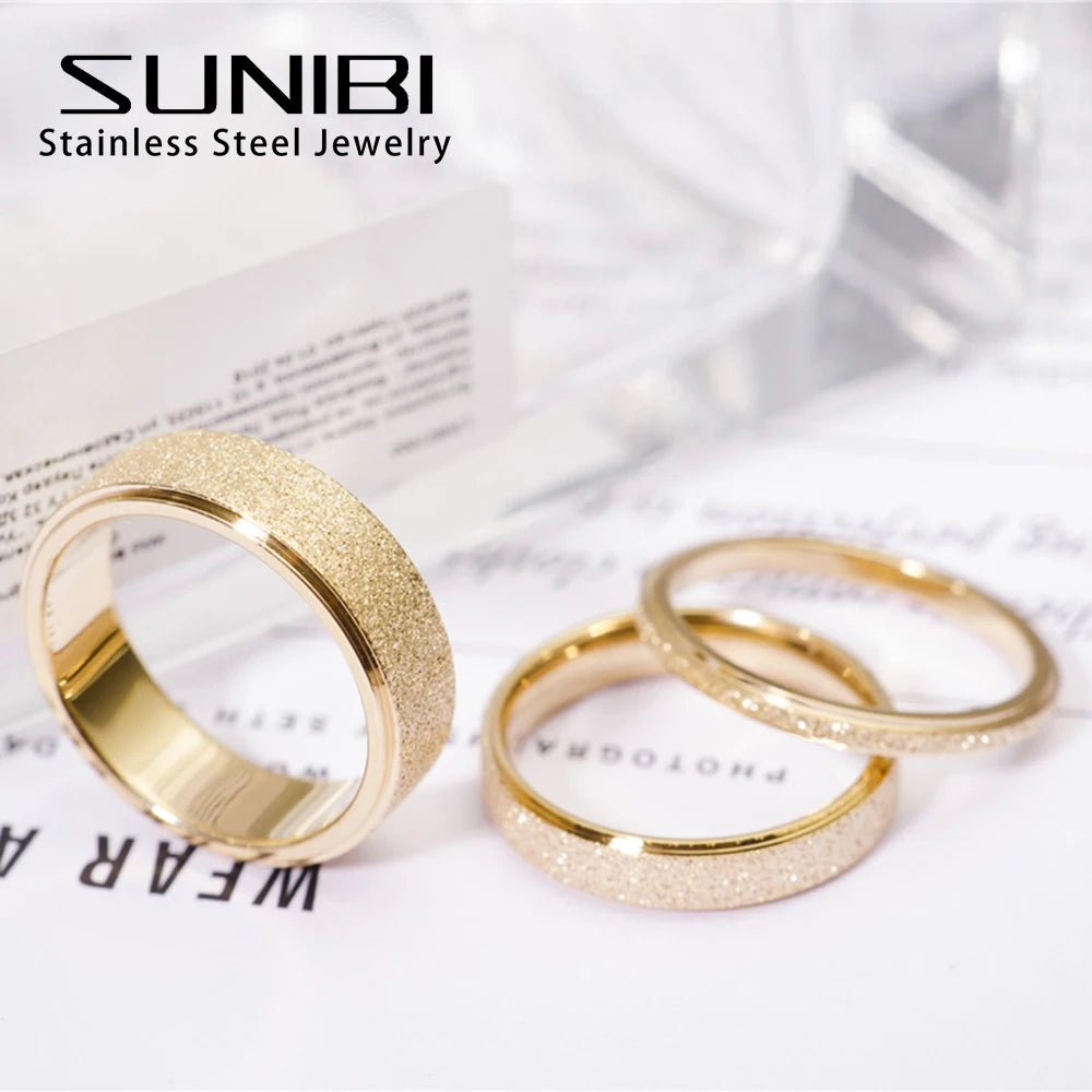SUNIBI Frosted Stainless Steel Ring for Women Fashion Simple Gold Color Finger Rings Wedding Gifts Girls Jewelry Wholesale