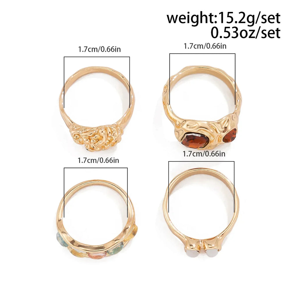 2024 New Tide Individuality Retro Geometric Hollowing Inlay Gem Rings SetLiquid State Metal Four-Piece Rings Set Paty Jewelry