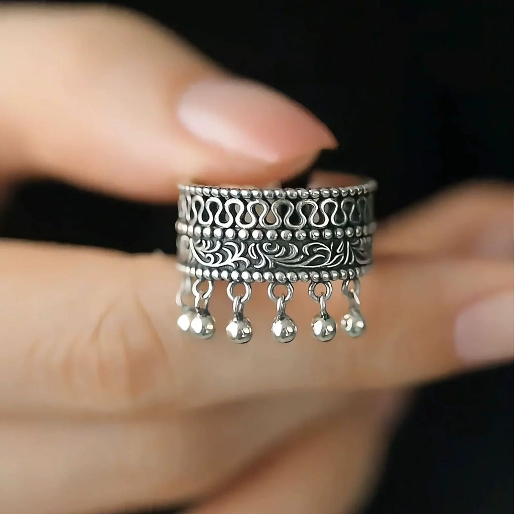 XIYANIKE Vintage Thai Silver Round Beads Tassel Adjustable Finger Rings For Women Hiphop Fashion New Jewelry Gift Party Rock