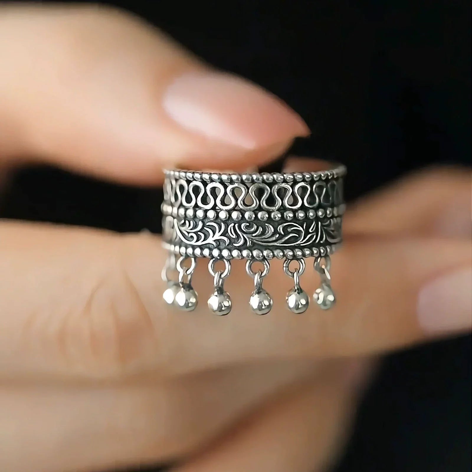 XIYANIKE Vintage Thai Silver Round Beads Tassel Adjustable Finger Rings For Women Hiphop Fashion New Jewelry Gift Party Rock