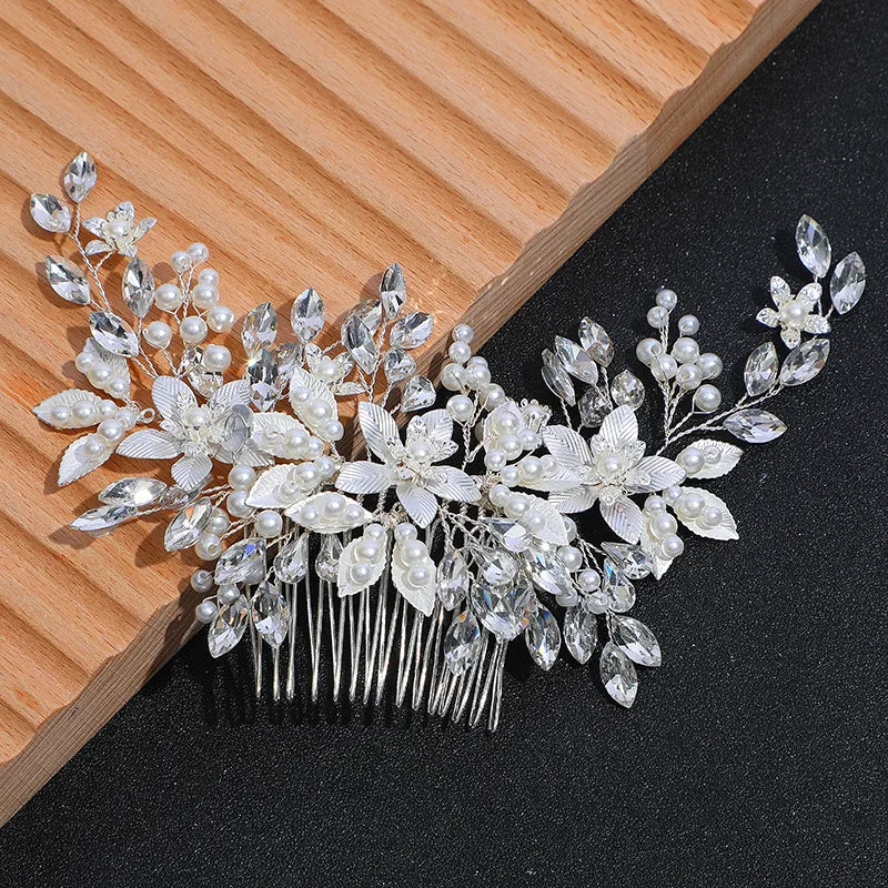 Silver Color Flower Hair Comb Wedding Hair Jewelry Fashion Pearl Rhinestone Hair Clip Bridal Party Tiaras Luxury Side Barrettes