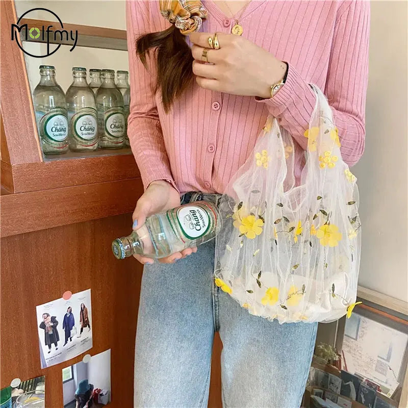 Transparent Women's Bag Silk Mesh Embroidery Flower Designer Luxury Bags Small Fresh Shopping Tote Bag Carteras Para Mujeres