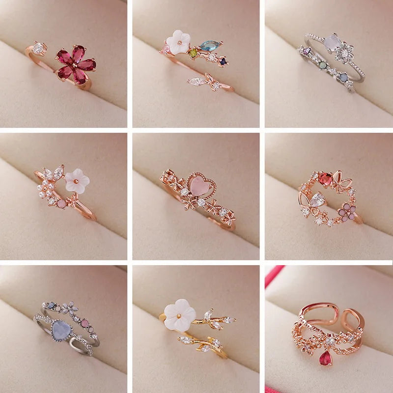 Korean CZ Sweet Crystal Zircon Heart Ring For Women Exquisite Shell Flower Opening Finger Rings Princess Wedding Jewelry