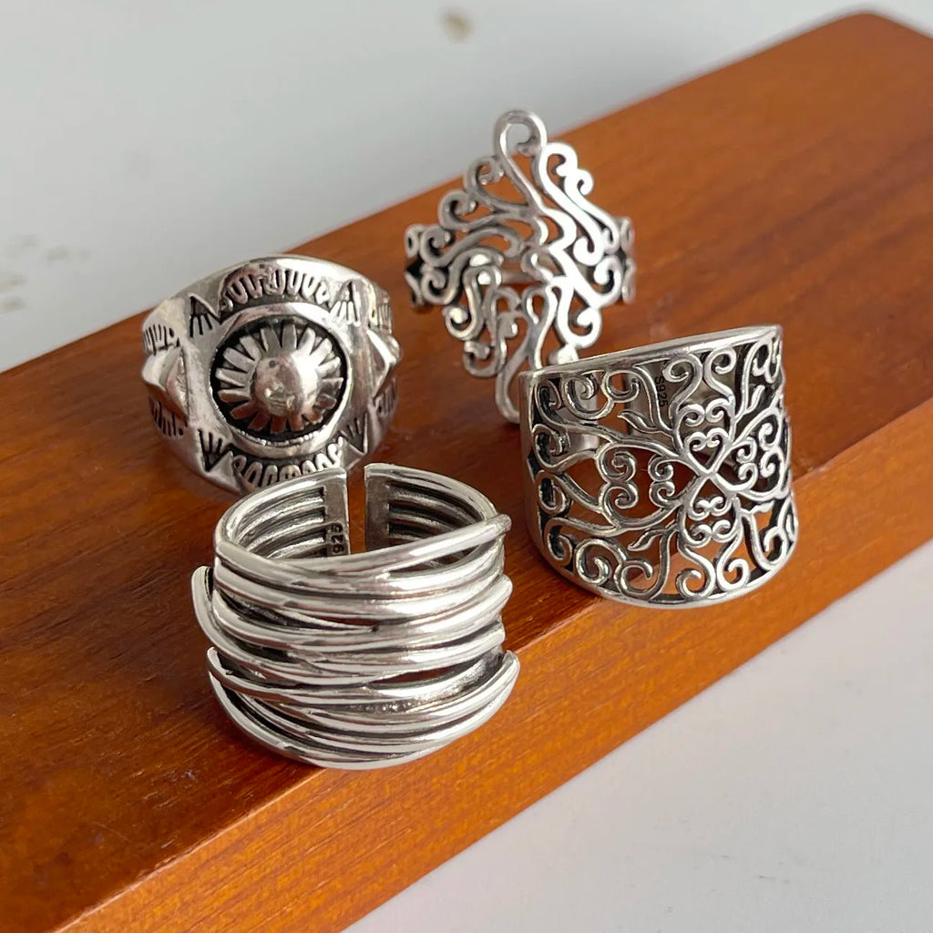 925 Sterling Silver Rings For Women Geometric Fine Jewelry Finger Adjustable Retro Flower Hollow Ring For Party Birthday Gift