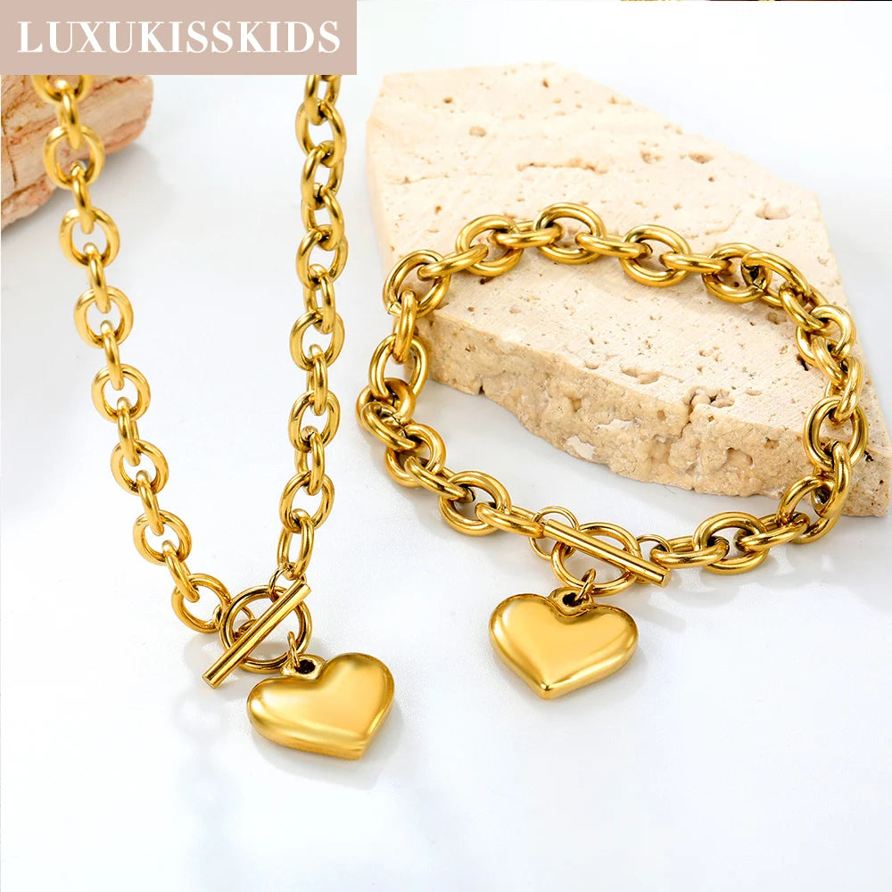 LUXUKISSKIDS Fashion Cubic Love Heart Minimalist Jewelry Set Necklace Earrings Bracelets Stainless Steel Women Party Accessories