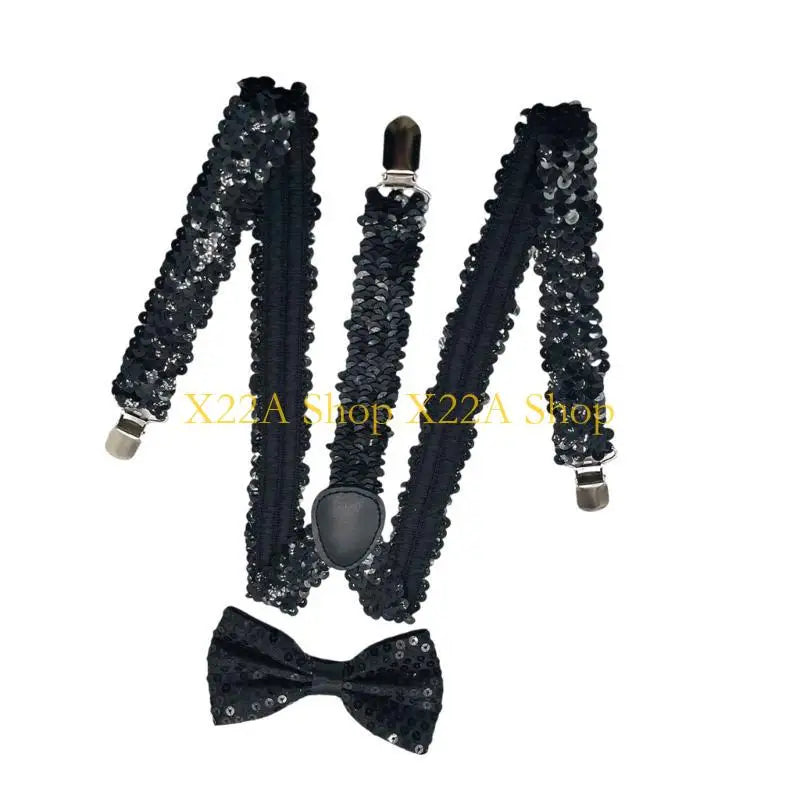 Unique Shining Suspenders Bowtie Set Sequins Brace with Adjustable Straps and Metal Clip for Formal Occasion Stage Show Props