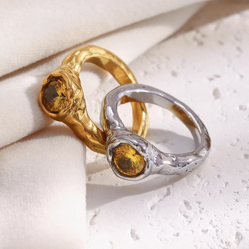 E.B.belle Fashion Women's Shiny Single Champagne Color Zircon Thin Rings Gold Plated Stainless Steel  Jewelry Accessories