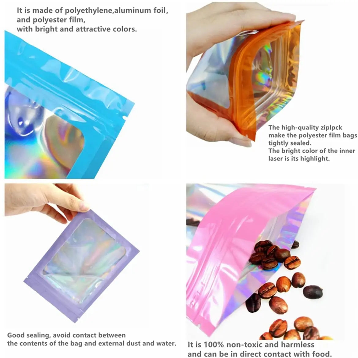50Pcs Thick Smell Proof Mylar Bag Holographic Laser Color Plastic Packaging Pouch Jewelry Retail Storage Pouch Gift Zip Lock Bag