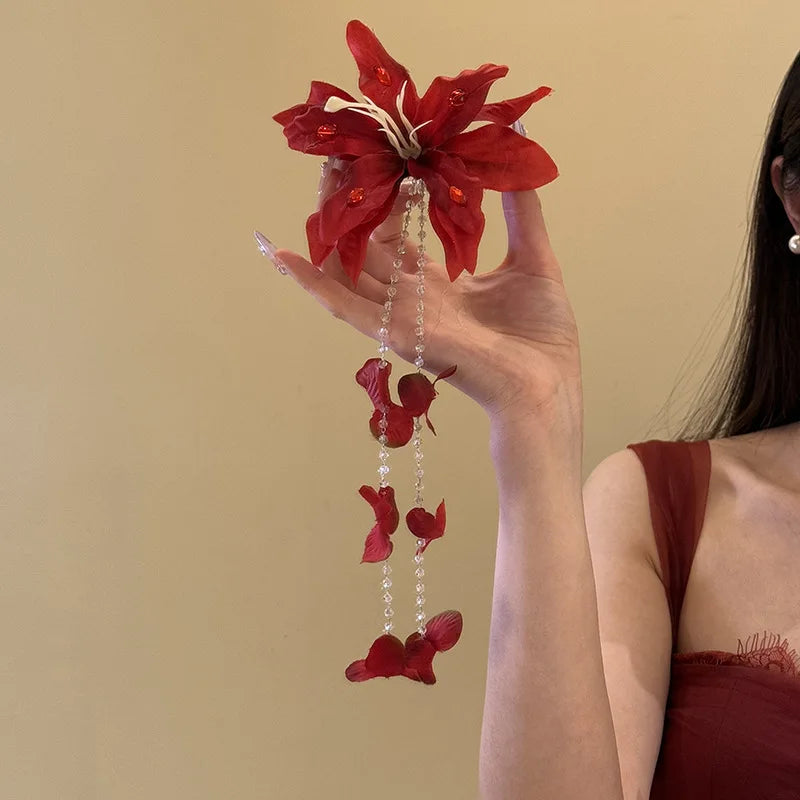 Red Fabric Flower Hair Clips for Women Sweet Petal Long Tassel Barrettes Duckbill Clip Hairpins Summer Holiday Hair Accessories