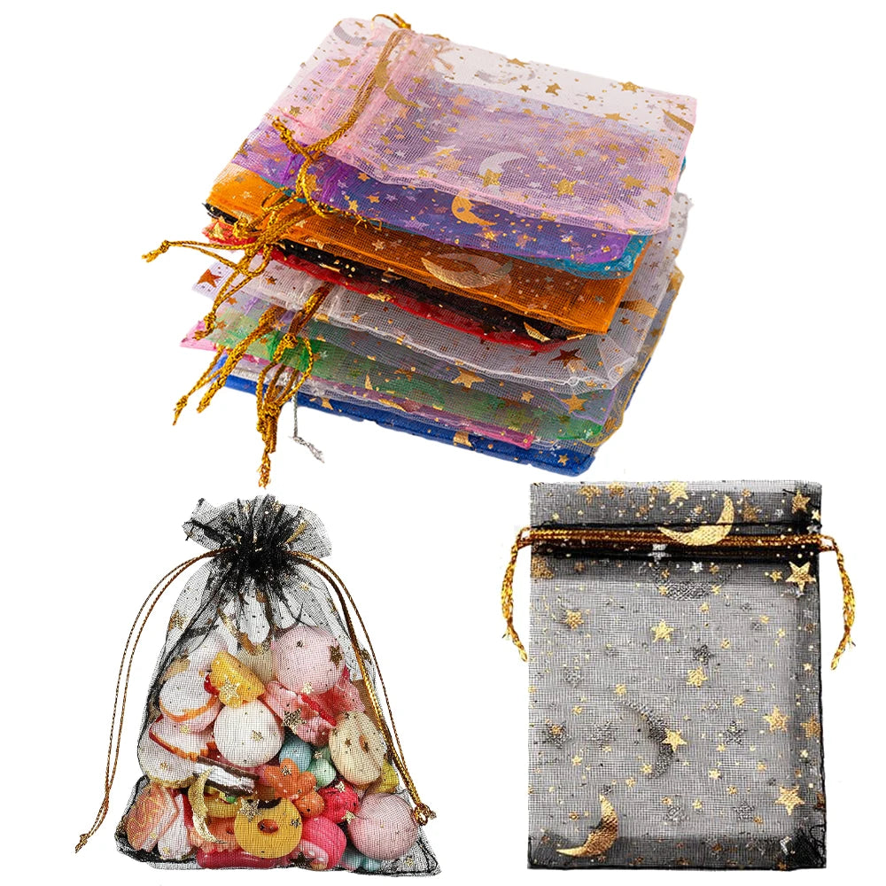 50pcs Mixed Color Moon Star Organza Bags Jewelry Candy Pouch Drawstring For Small Businesses Party Favors Packaging Supplies
