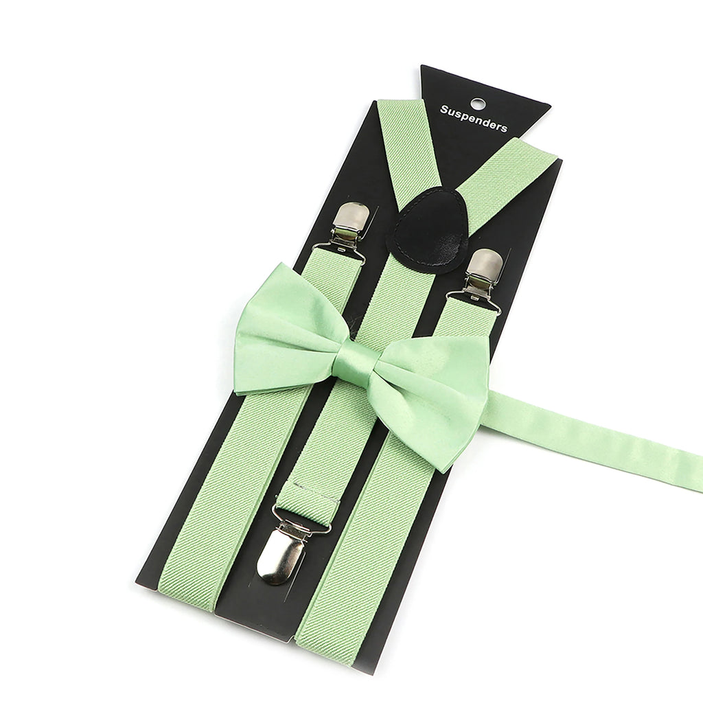 Novalty Sage Green Suspender Bowtie Set For Men Women Kids Romatic Wedding Party Elastic Y-back Straps Pants Shirt Accessory