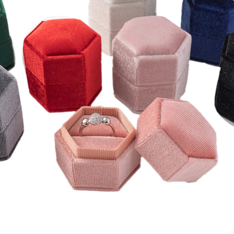 Vintage Hexagon Velvet Jewelry Single Ring Box Empty Case Holder for Engagement Wedding Ceremony Valentines Day Gift Organizer