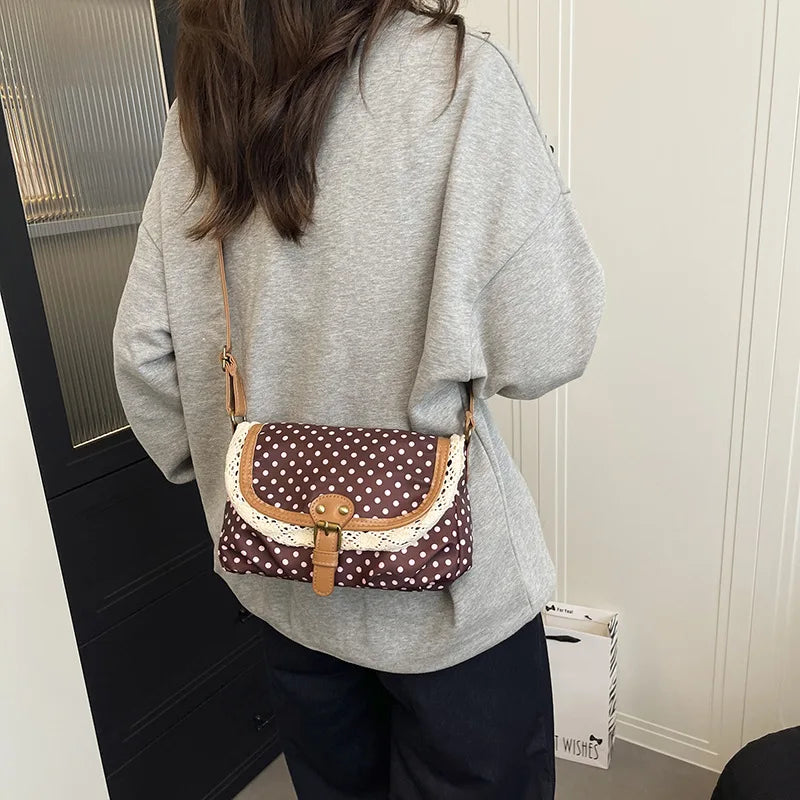 French Retro Dot Women Shoulder Bags Sweet Lace Ladies Flap Crossbody Bag Purse Elegant Portable Female Lightweight Handbags