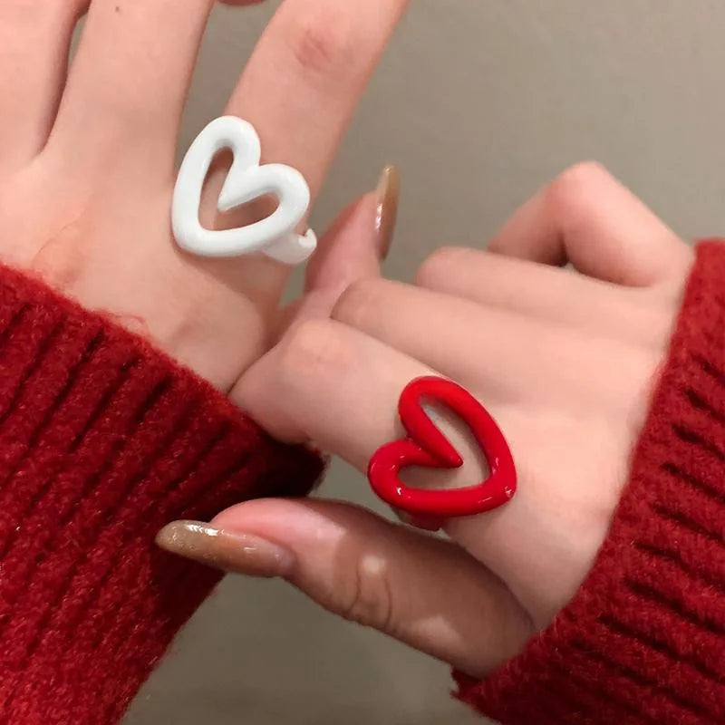 LATS White Red Enamel Heart Sweet Ring for Women Girls Trendy Geometric Dripping Oil Y2K Opening Rings Jewelry Gift Wholesale