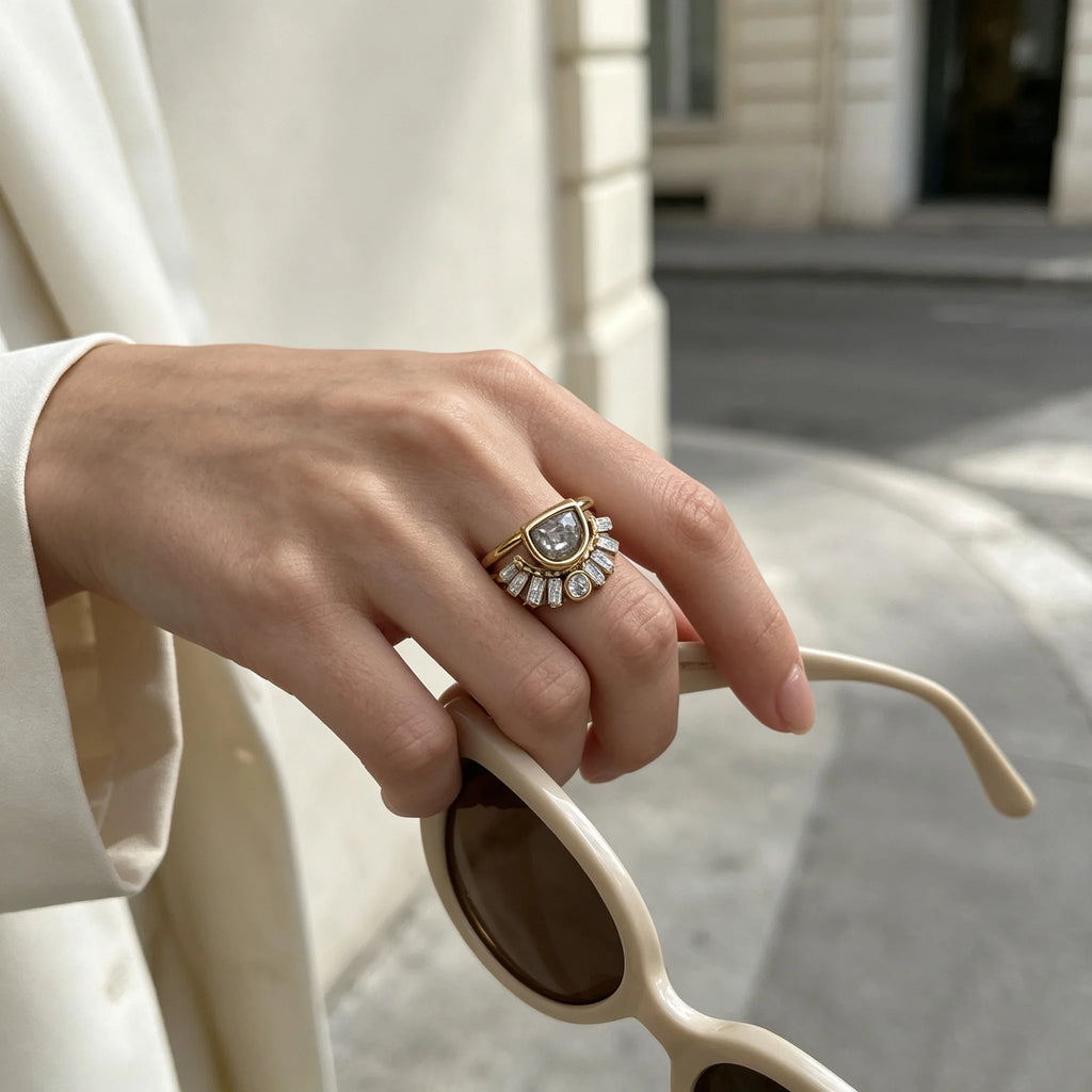 E.B.belle Stainless Steel Rhinestone Jewelry Elegant Sun Layer Shaped Ring  Tarnish Free For Women's Gift Party