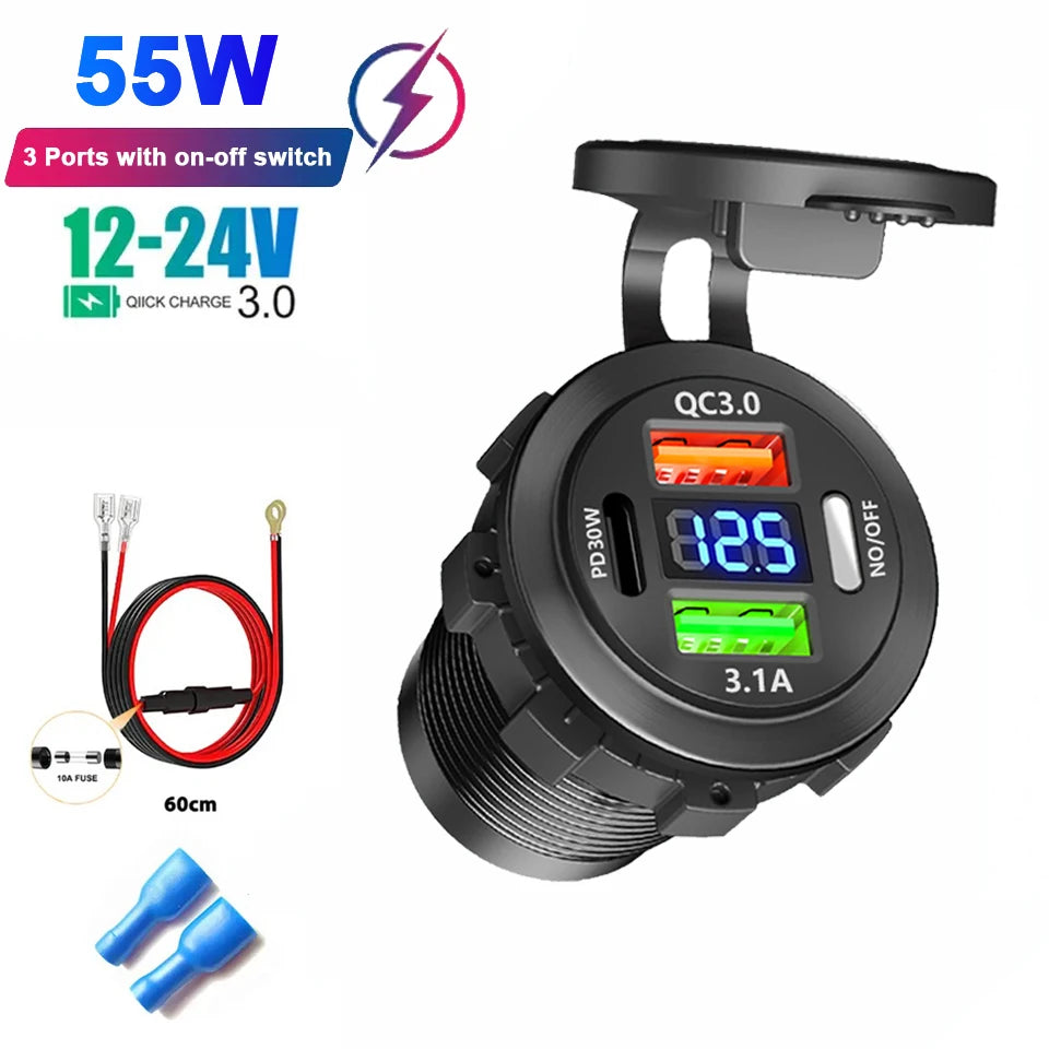 4-Port Car Charger – Dual USB & Type-C Fast Charging with Voltmeter