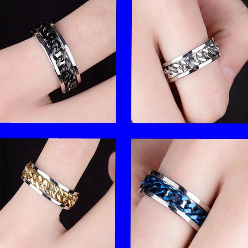 Titanium Steel Rotatable Chain Rings Men Women Stress Ring For Anxiety Couple Jewelry 8mm Corkscrew Rings Multifunctional Gift