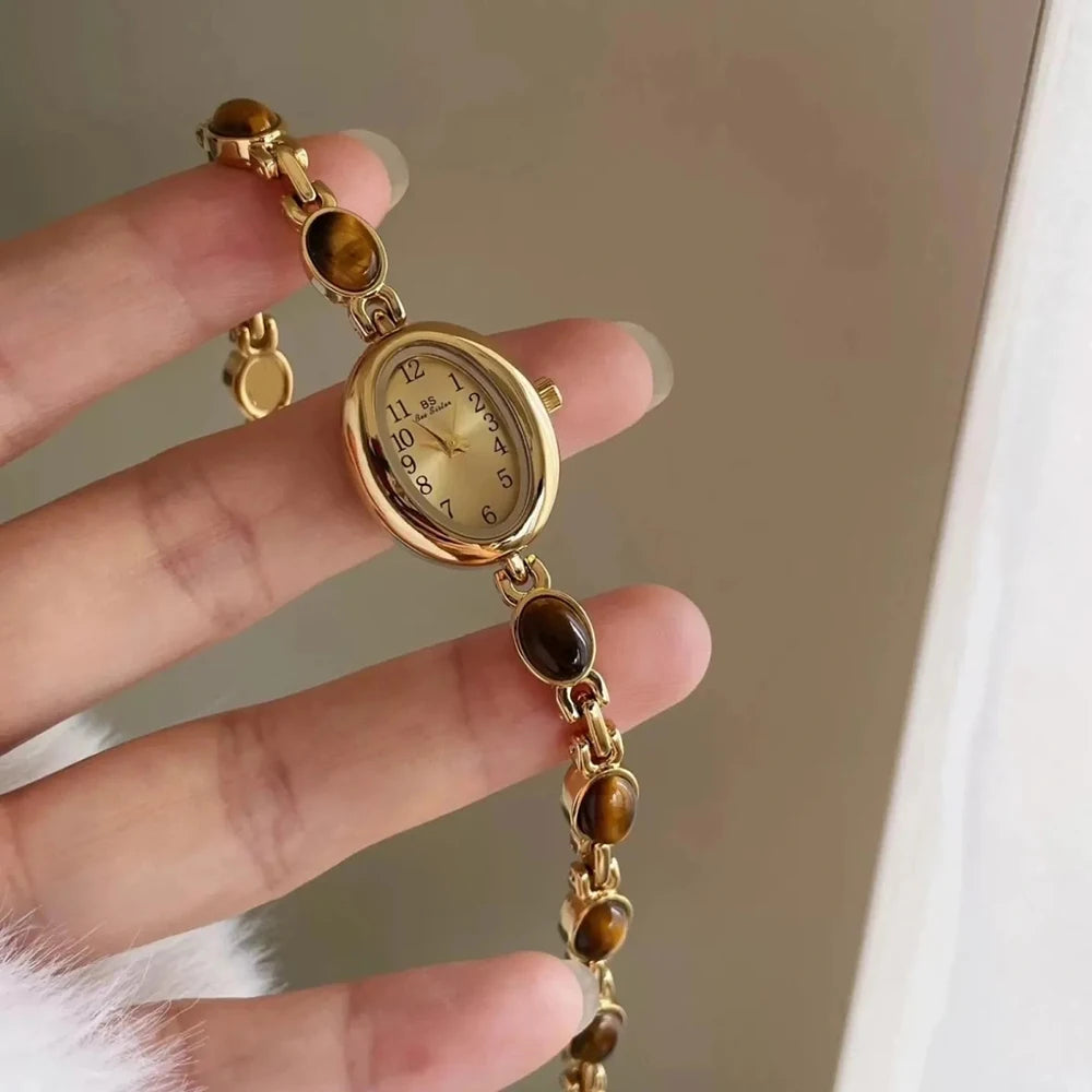 Luxury Vintage Quartz Women's Watches Fashion Natural Green Jade Bracelet Clock Numerals Small Oval Dial Watch Woman Accesories