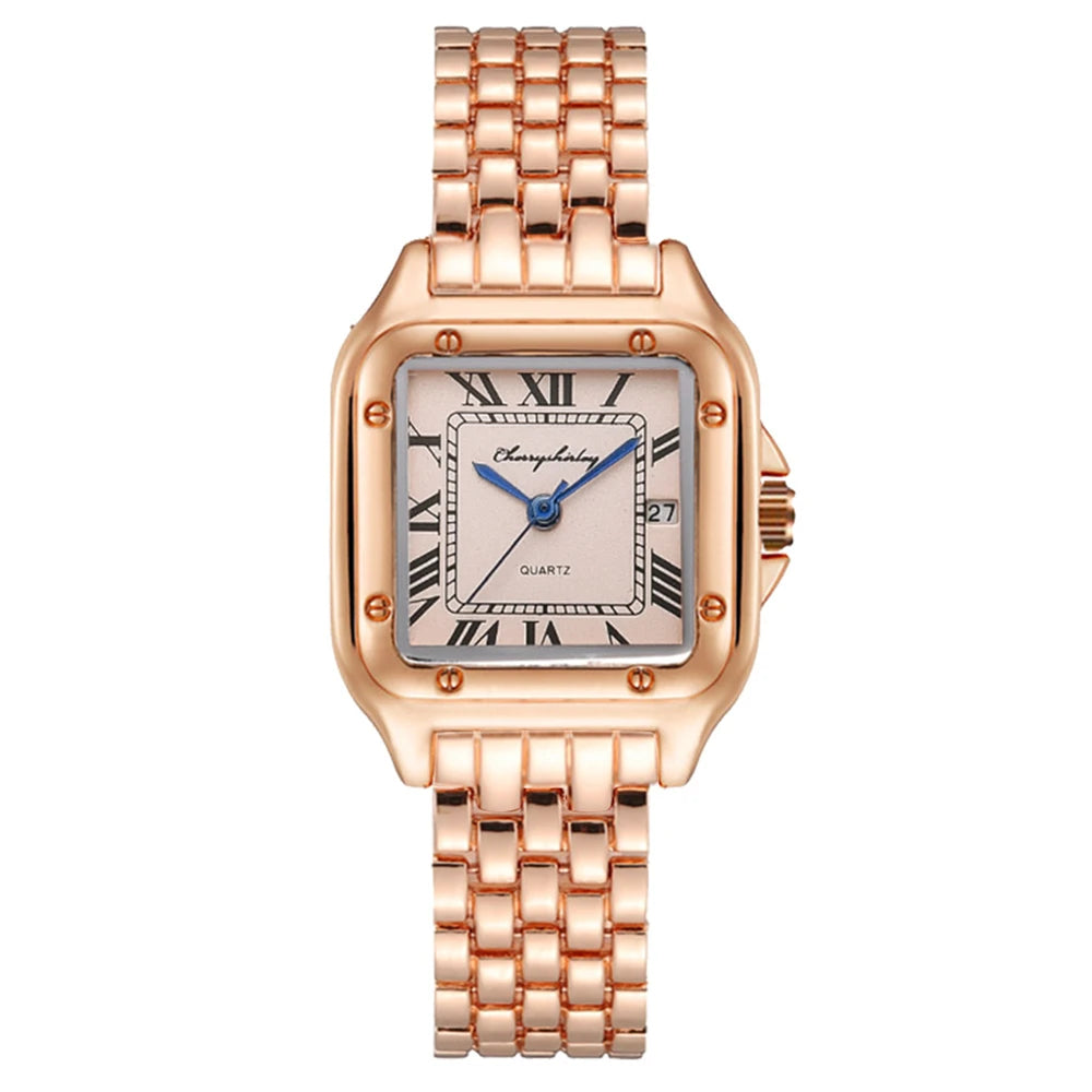 Luxury Branded Women Watches 2025 Simple Square Roman Calendar Women Quartz Watch Fashion Stainless Steel Strap Ladies Clock