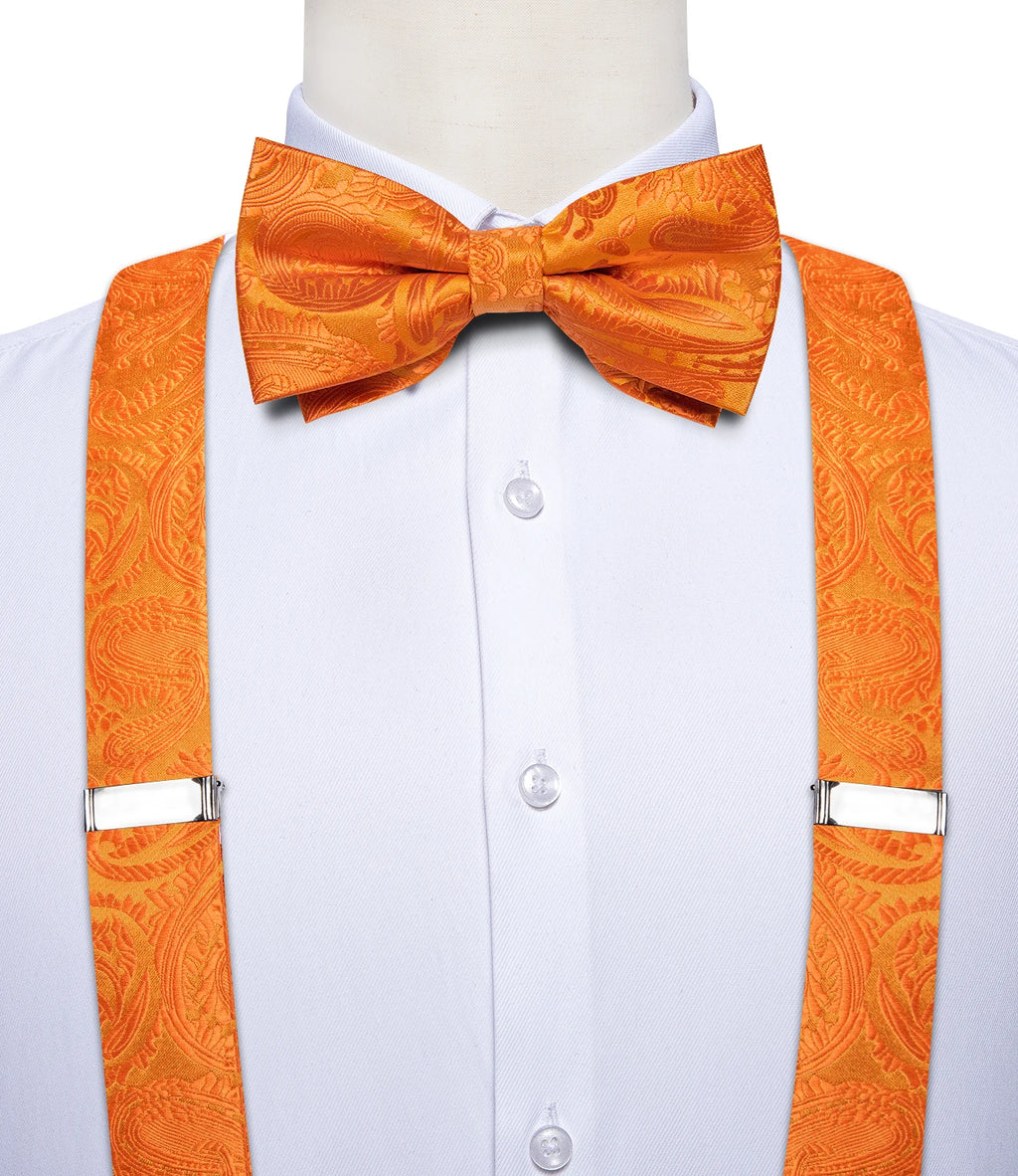 Fashion Men's Adjustable Suspenders Orange Paisley Pre-tied Bowtie Pocket Square Cufflinks Set for Wedding Party Business